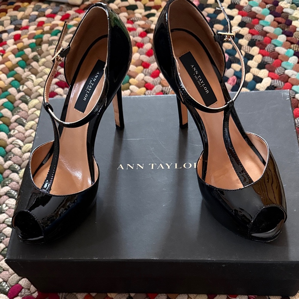 Ann Taylor Black Patent Peep-Toe T-Strap Stiletto Heels